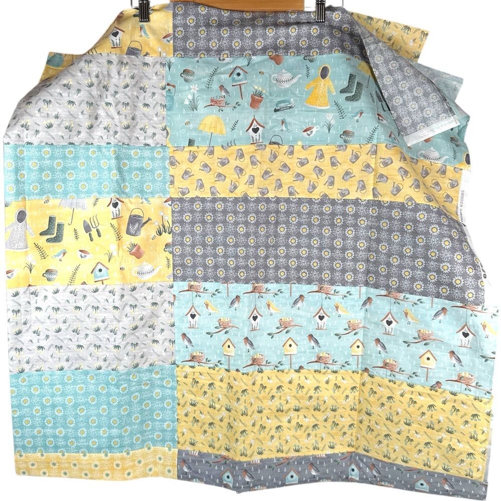 Handmade Large yellow gray blue Spring garden Print Bedroom Decor Quilt topper